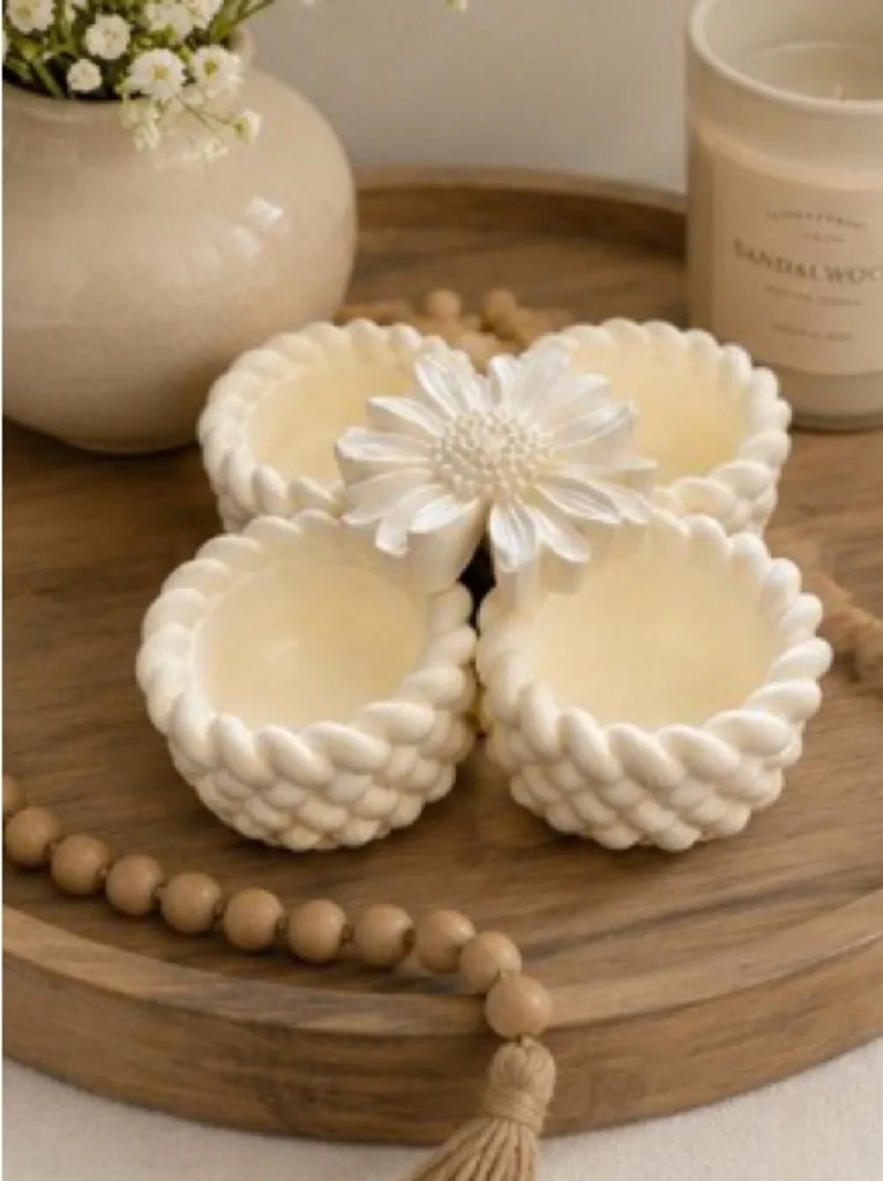 Cream Ceramic Braided Tealight Holder Set with Floral Accent